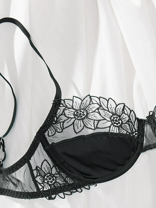 2-Piece Floral Embroidered Bra Set – Sunflower Underwire Semi-Sheer Lingerie for Dates