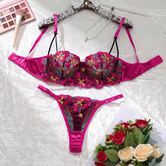 Sexy Rose-Red Lingerie Set – Bra & Panties with Daisy Pattern, Comfortable Home Wear