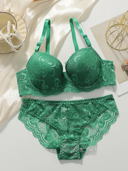 2-Piece Green Sexy Bra Set – Push-Up with Steel Support for Women