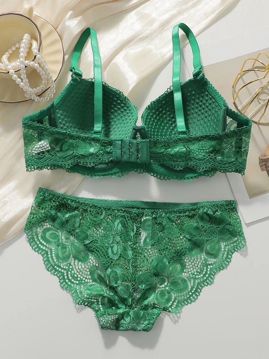2-Piece Green Sexy Bra Set – Push-Up with Steel Support for Women