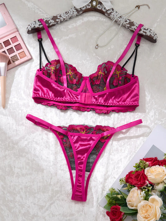 Sexy Rose-Red Lingerie Set – Bra & Panties with Daisy Pattern, Comfortable Home Wear