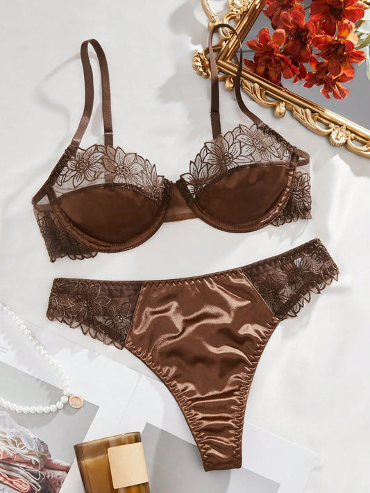 2-Piece Floral Embroidered Bra Set – Sunflower Underwire Semi-Sheer Lingerie for Dates